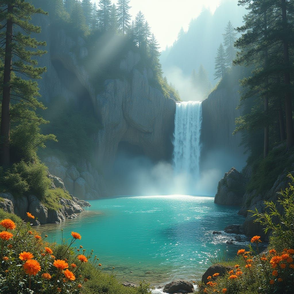 Hidden Waterfall Paradise in Mountains, Art Nouveau Style