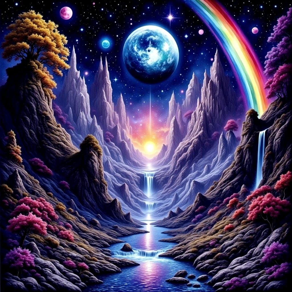 Rainbow Fantasy Landscape with Glittering Crystals