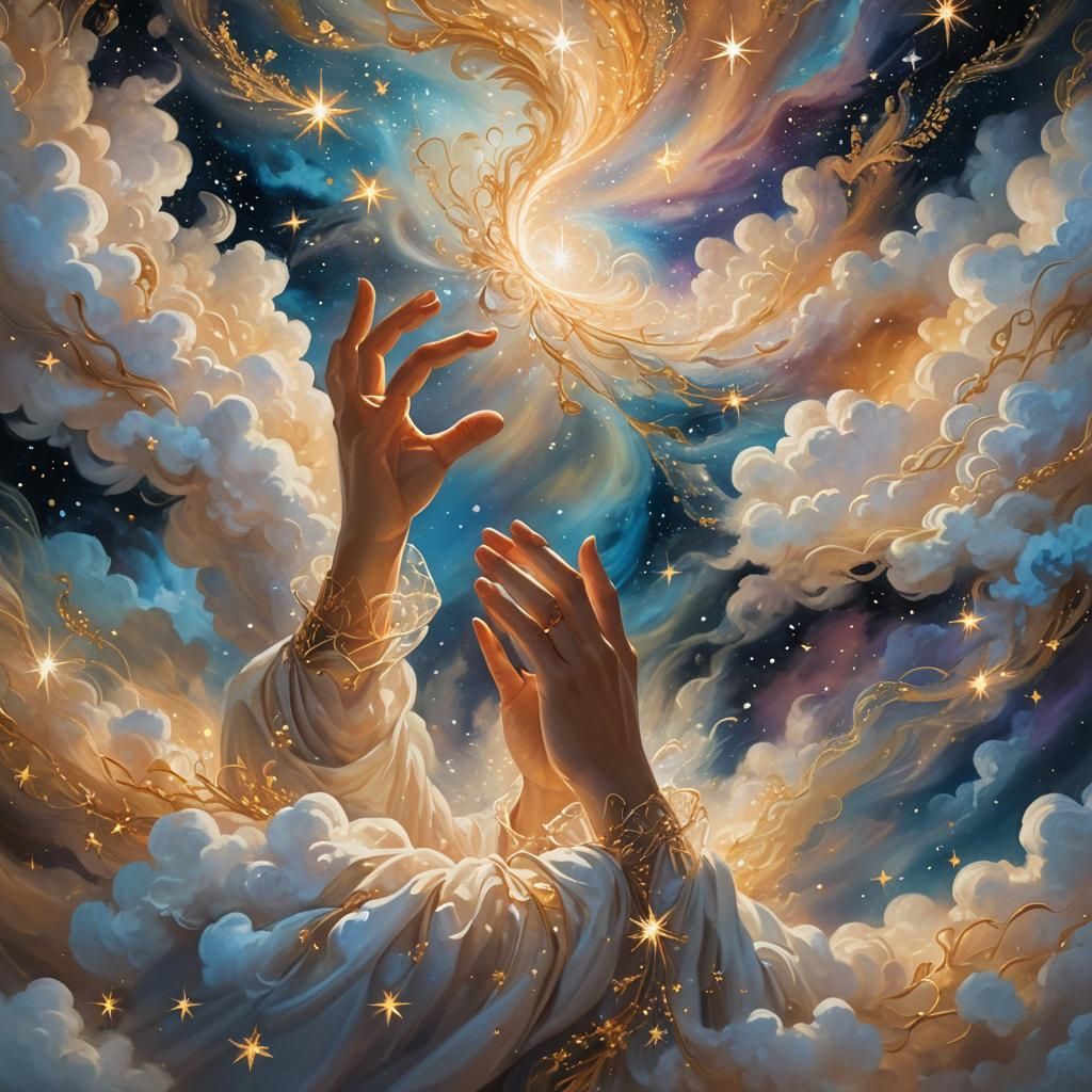 Dreamlike Surrealism: Person Surrounded by Stars and Clouds