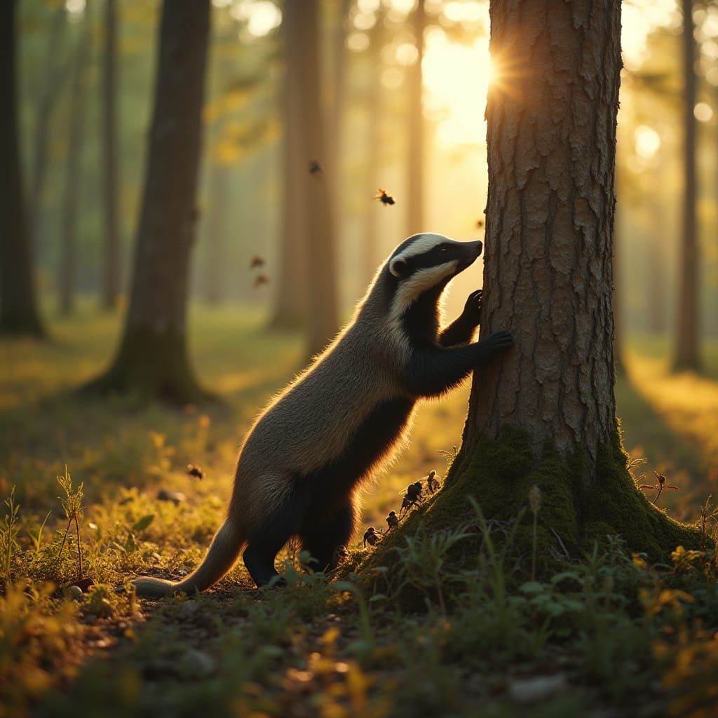 Honey Badger Reaching for Beehive in Forest
