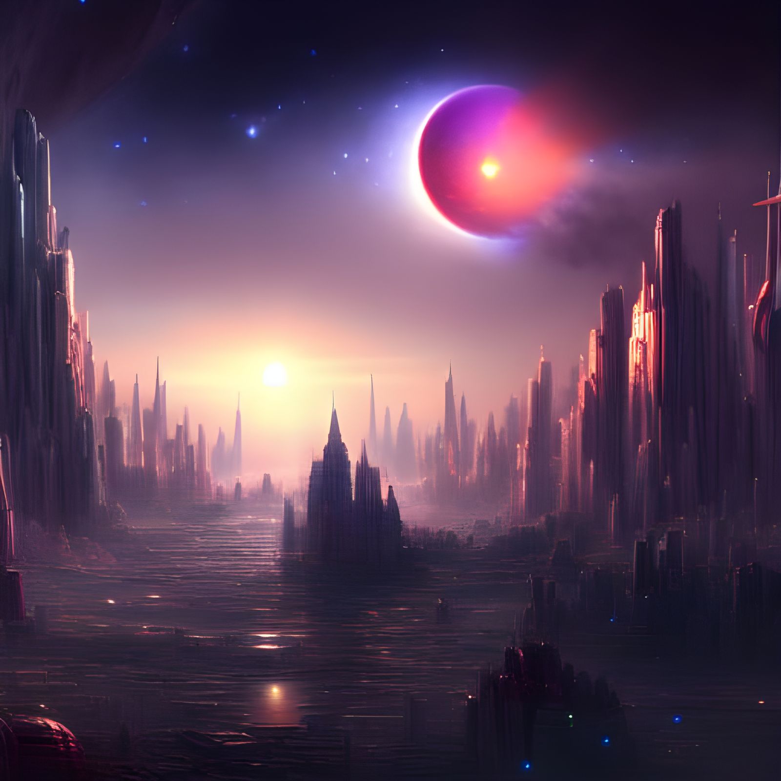 Hyperdetailed Space City at Sunrise with Supernova