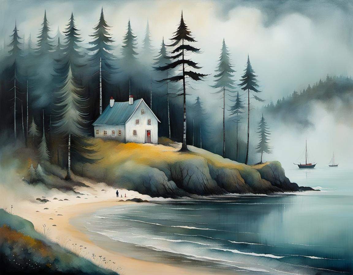 Magical Foggy Beach with Fir Trees Illustration