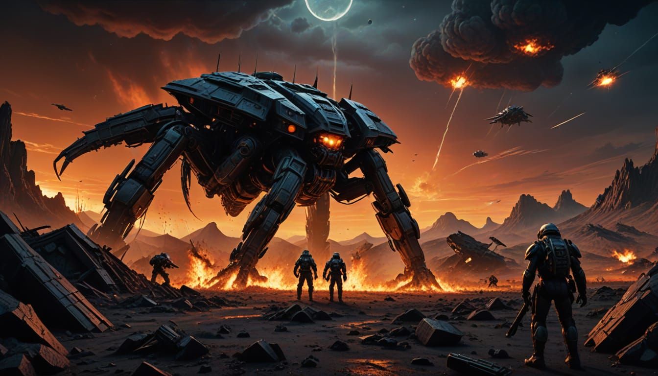 Epic Cyberpunk Battle Scene in a Scorched, Barren Landscape