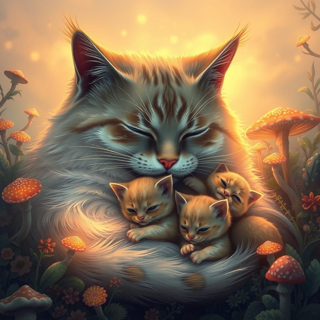Mother Cat Slumbers with Kittens in Whimsical Forest Scene