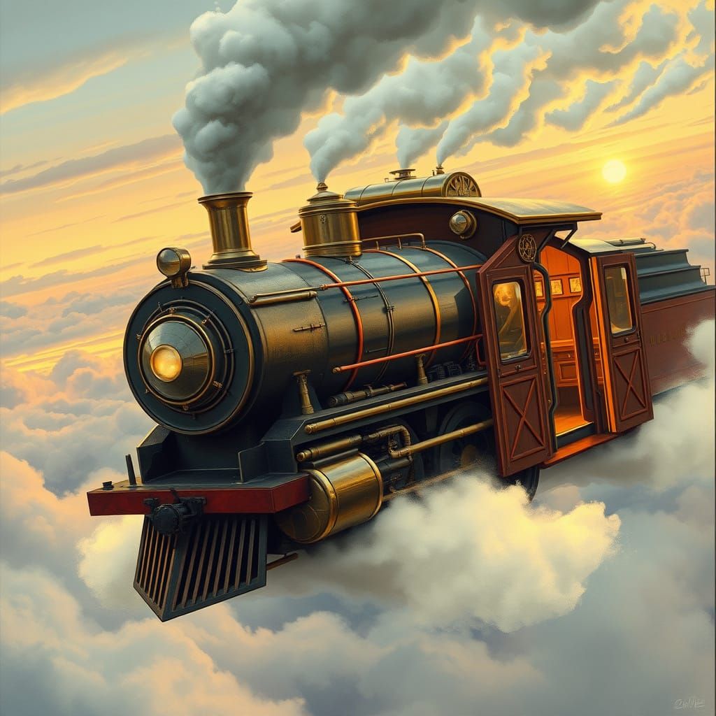 Futuristic Flying Steam Train in a Whimsical Industrial Land...