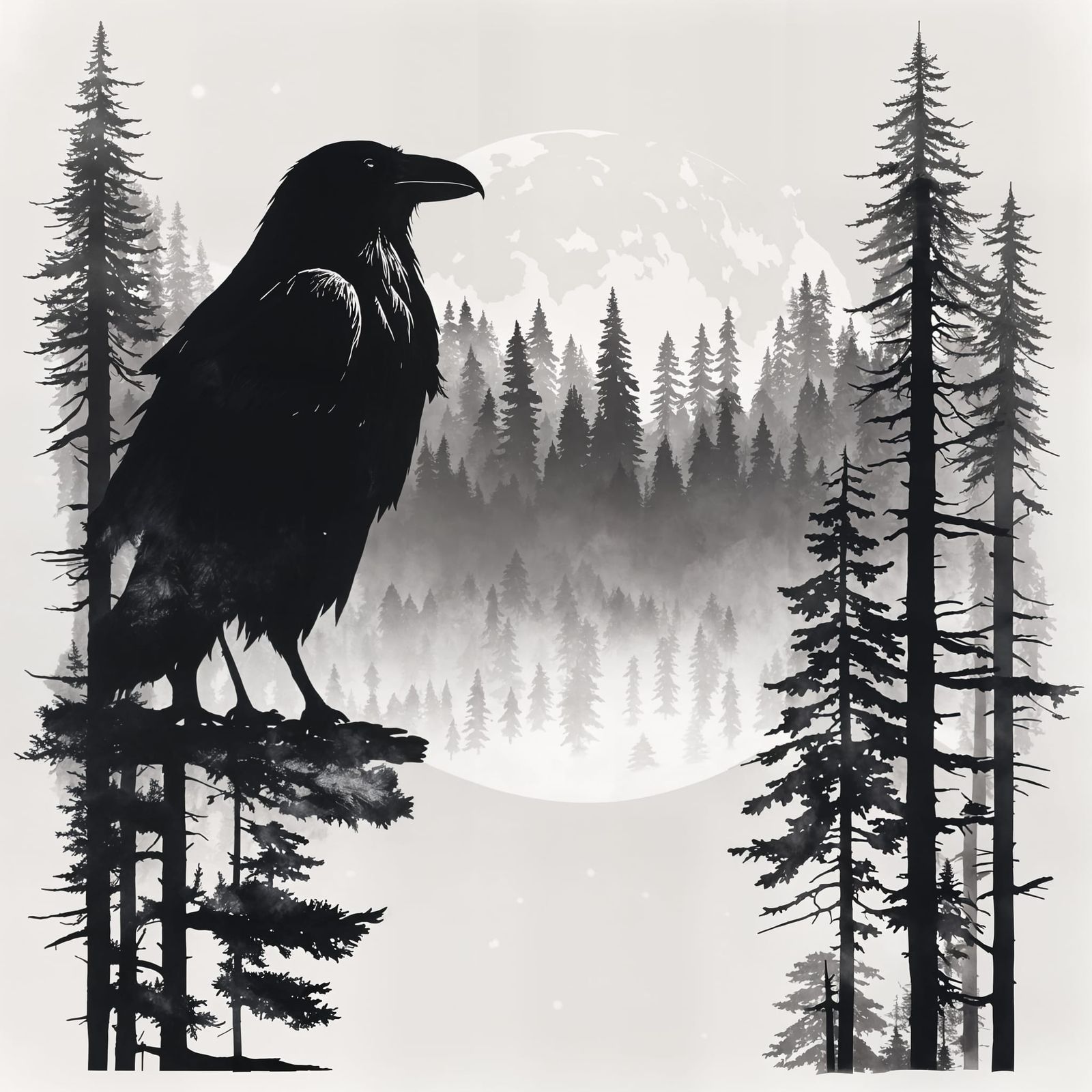 Raven's Mystical Forest Portrait in Monochrome