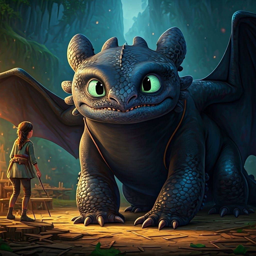 Cute Night Fury Dragon Helps Build Village: Digital Painting