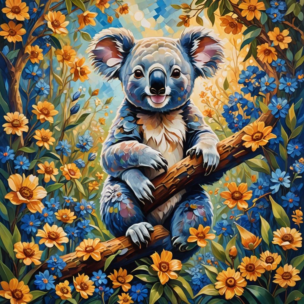 Koala in Lush Flower Garden: Van Gogh Style