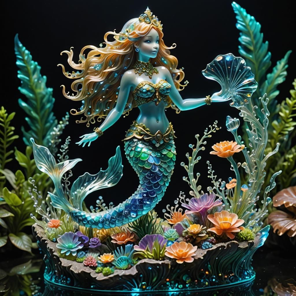 Bioluminescent Crystal Mermaid Sculpture in Sea Forest