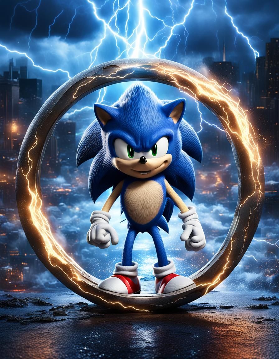 Hyper-Realistic Sonic the Hedgehog in Lightning Storm