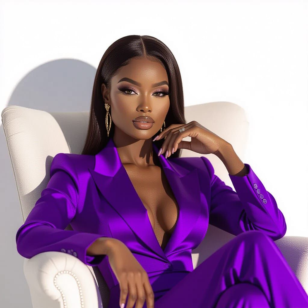 Elegant Black Woman in Purple Outfit, Hyper-Realistic Style