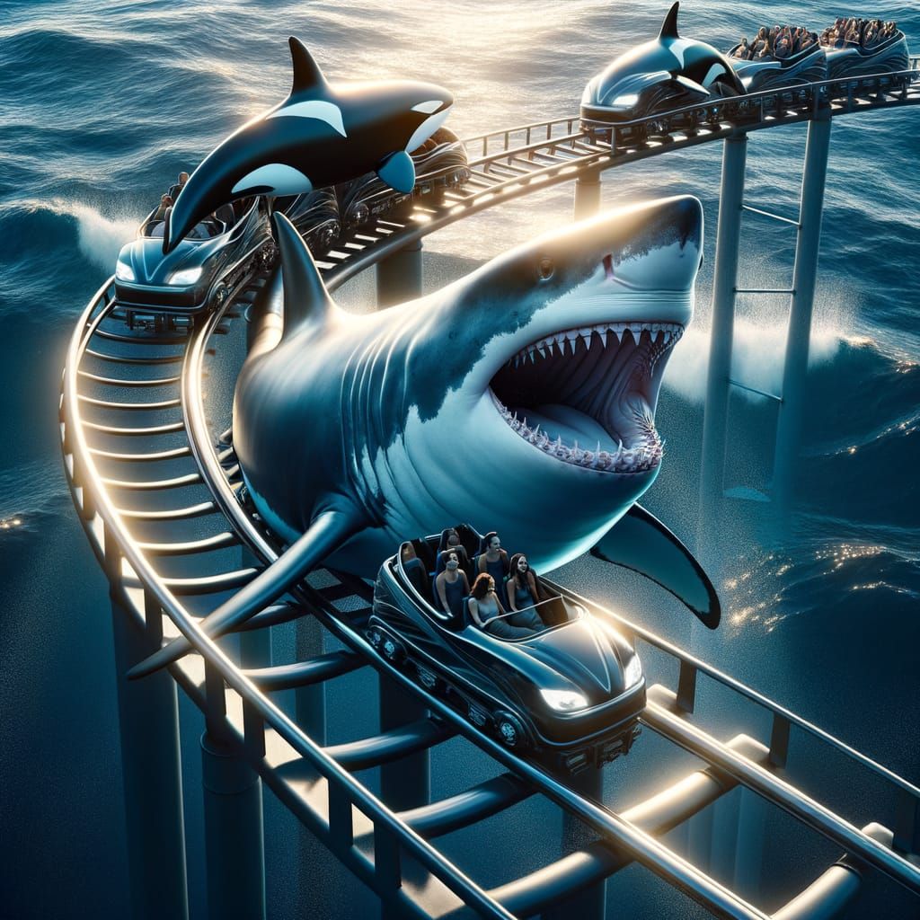 Shark and Orca Ride Roller Coaster Above Ocean