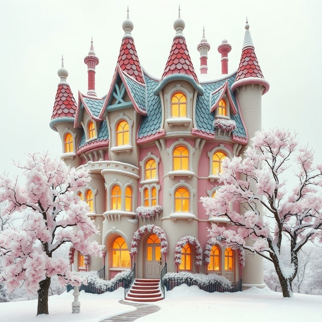 Design a whimsical Dr. Seuss-style house set in a magical winter wonderland. The tall, skinny house features wonky tower...