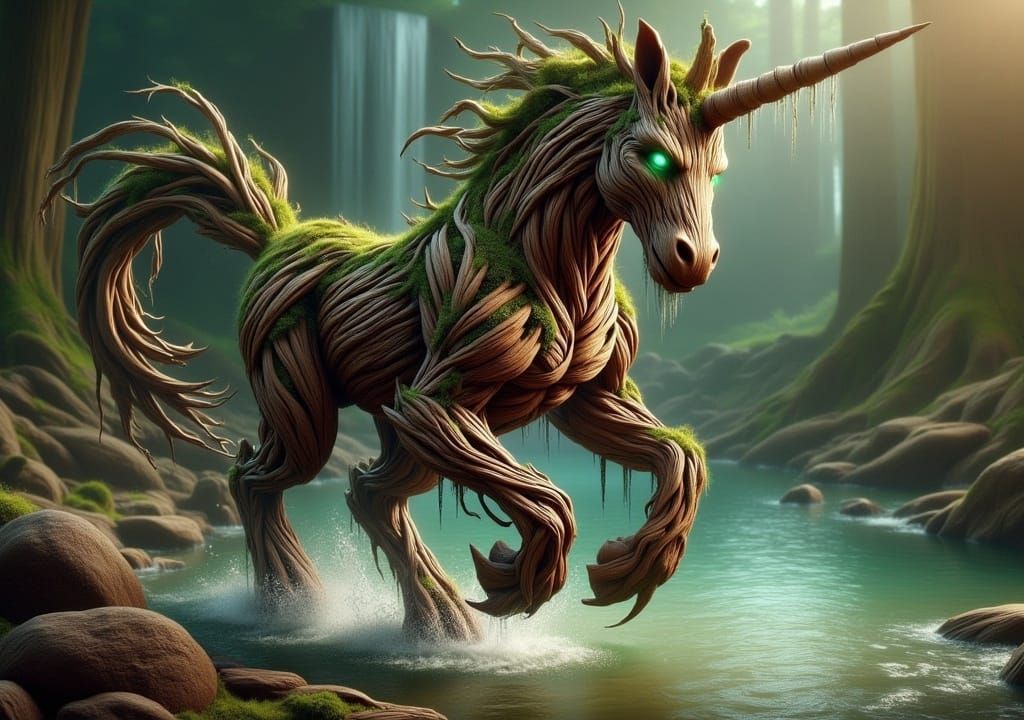 Prancing Groot-Unicorn Hybrid in Enchanted Forest