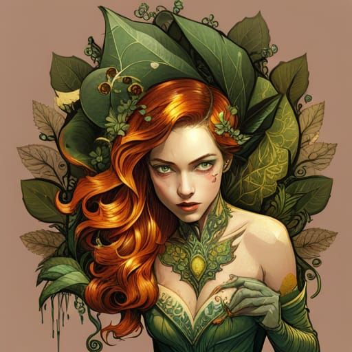 Detailed Digital Painting of Poison Ivy with Golden Outlines