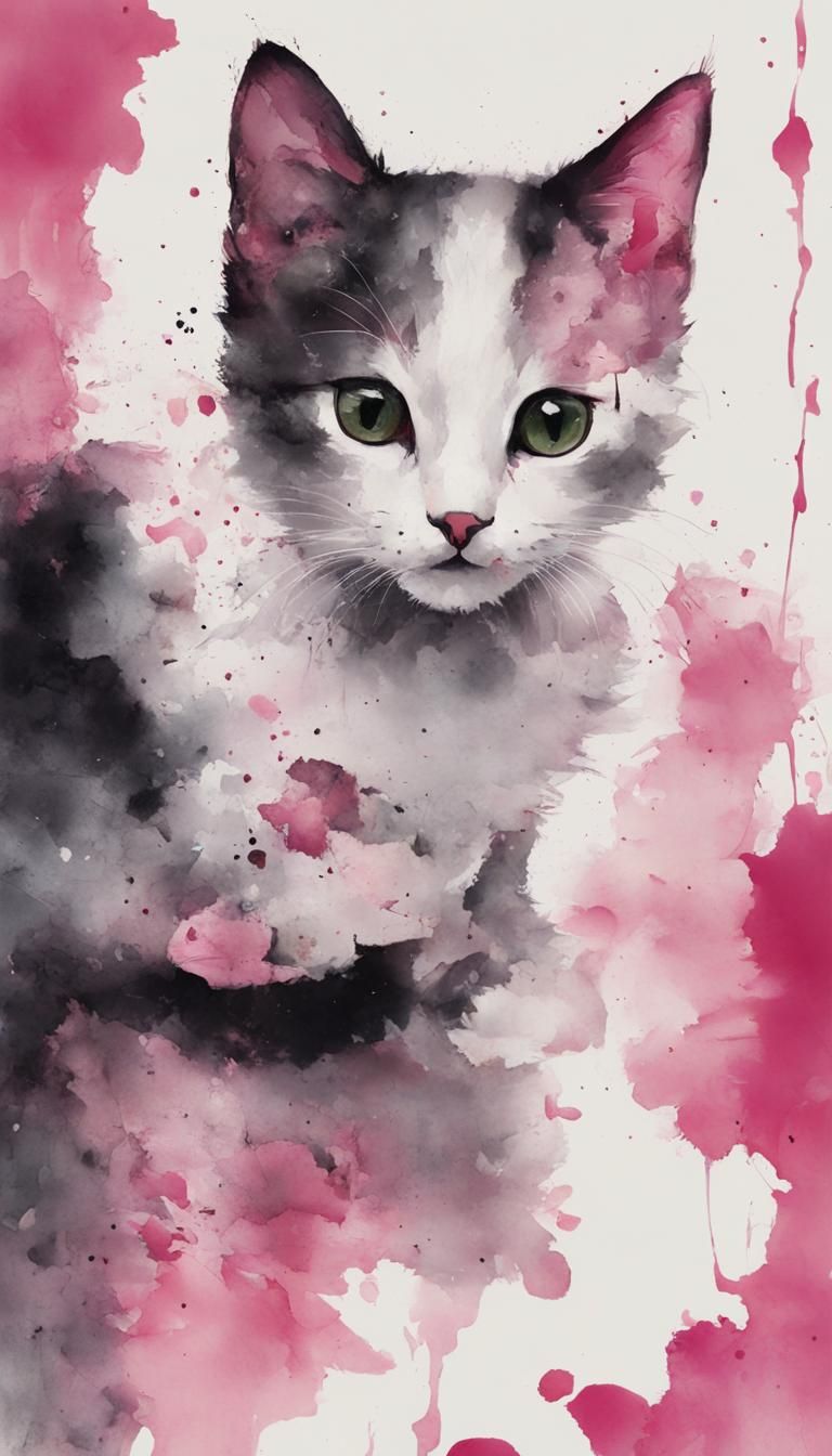 Minimalist Kitten and Broken Vase in Ink Painting
