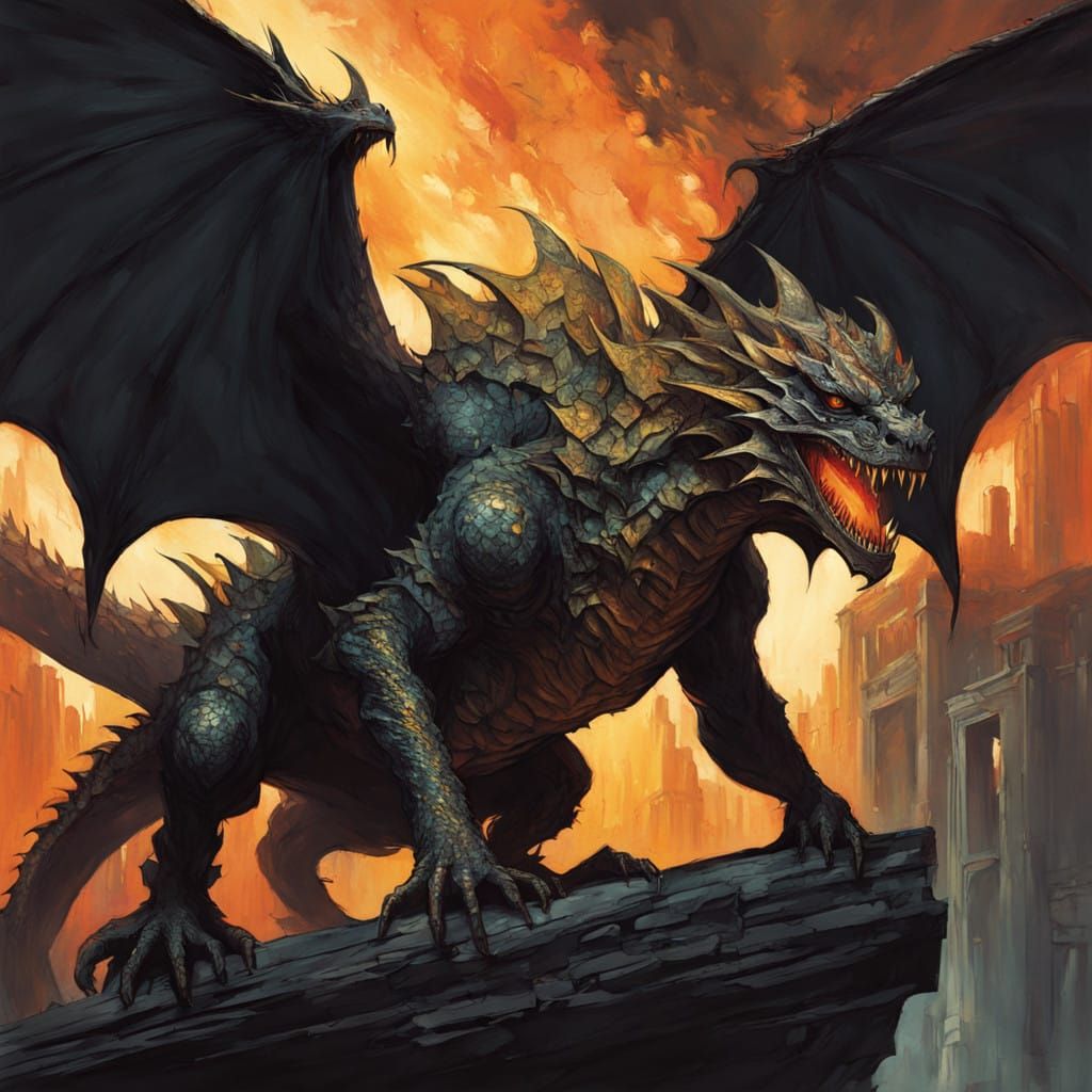 Majestic Dragon in Golden Flames Amidst Dark Wings