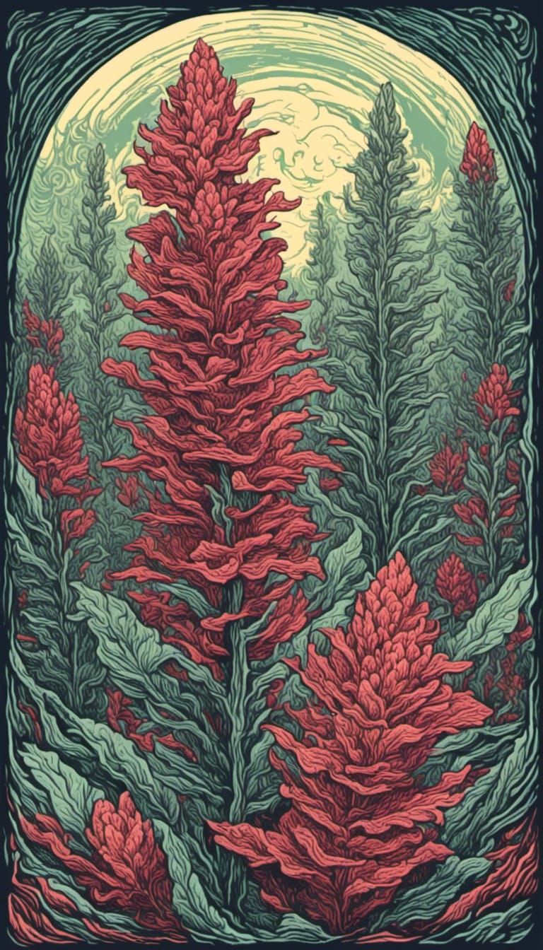 Colorful Woodcut of Common Mullein Plant