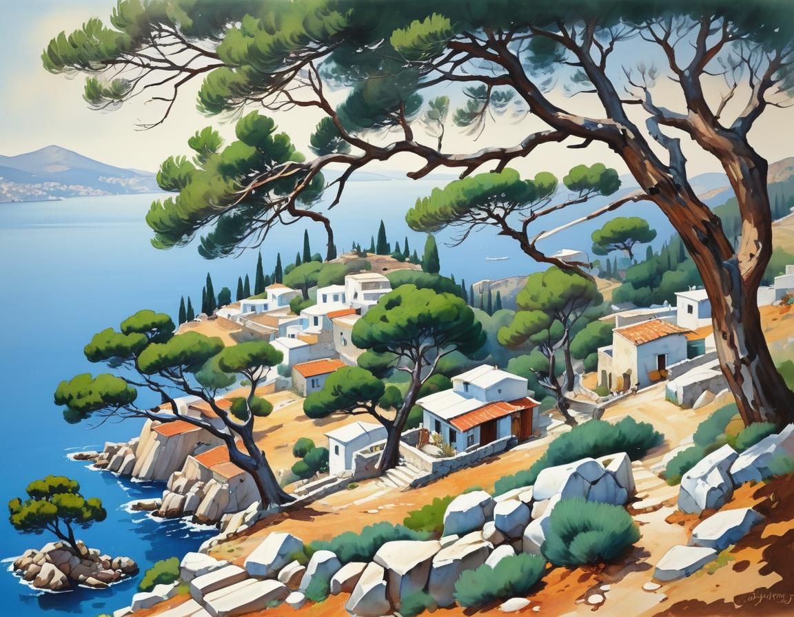Greek Village Gouache Painting in James Gurney Style