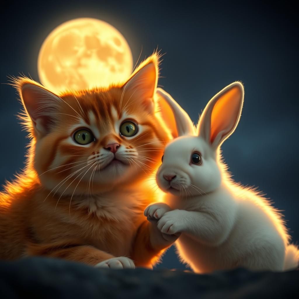Cat and Rabbit's Moonlit Playtime: A Cinematic Still