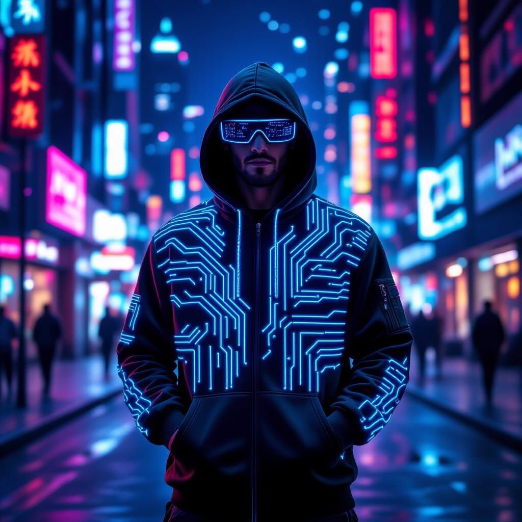 Man in Glowing Laser Hoodie in Cyberpunk Cityscape