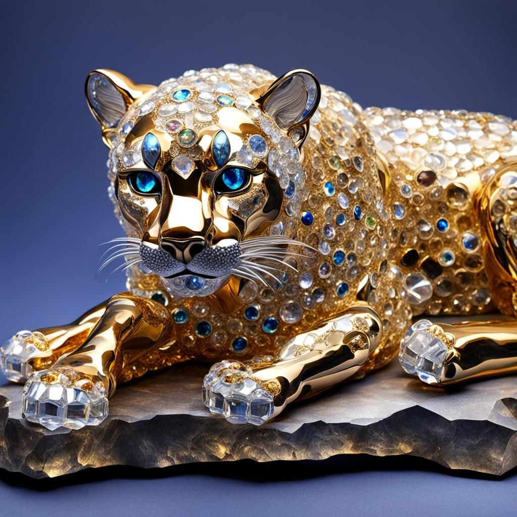 Crystal Mountain Lion Sculpture with Jeweled Eyes