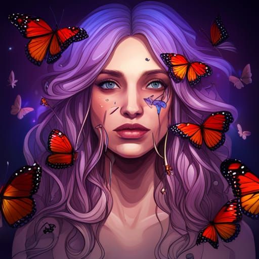 Woman Surrounded by Butterflies: Digital Illustration