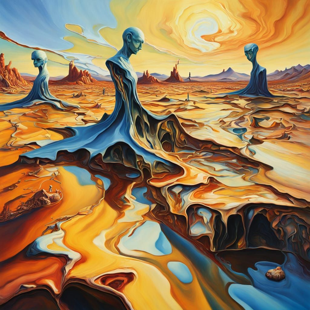 Surrealist Oil Painting of People Melting in Landscape