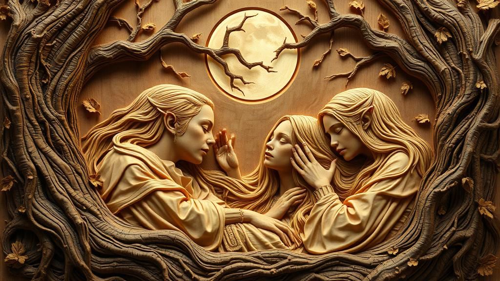 Elven Awakening in Lunar Light: Wood Relief