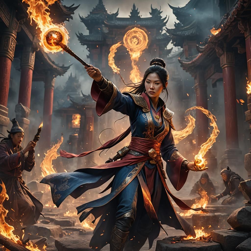 Asian Sorceress Wielding Fire in Fantasy Art