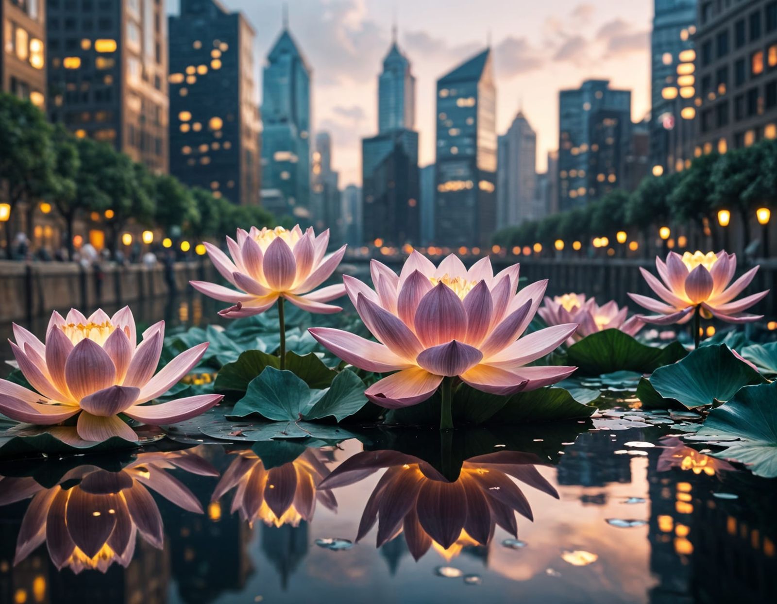 Futuristic Lotus Cityscape in Neon Holographic Style