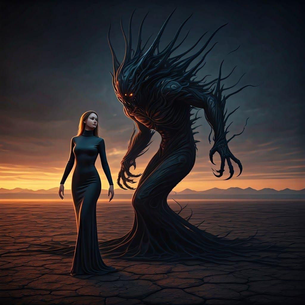 Surreal Dancer in Darkened Landscape with Autonomous Shadow