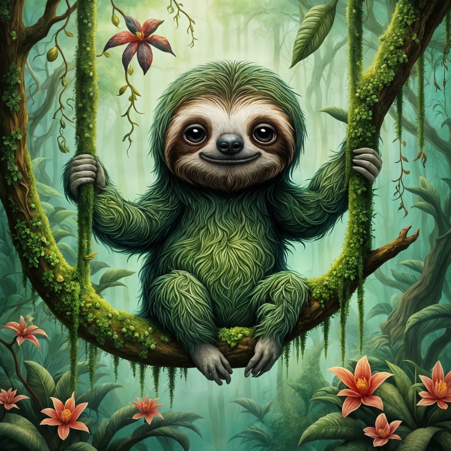 Chibi Sloth in Misty Rainforest: Surreal Digital Art