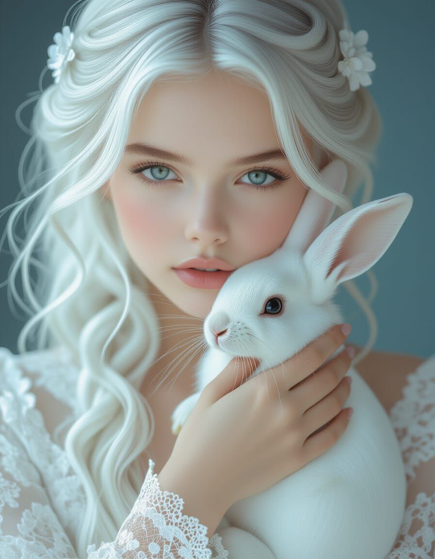 Ethereal Woman with Rabbit in Dreamy Light