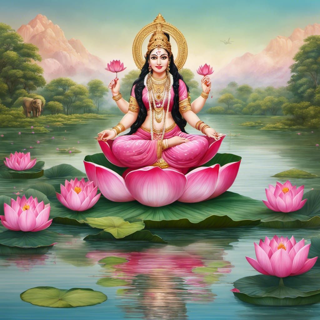 Goddess Lakshmi on Lotus with White Elephants