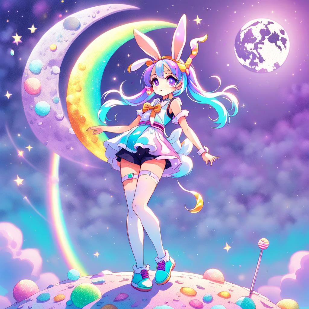 Anime Girl on the Moon in Candy Art Style