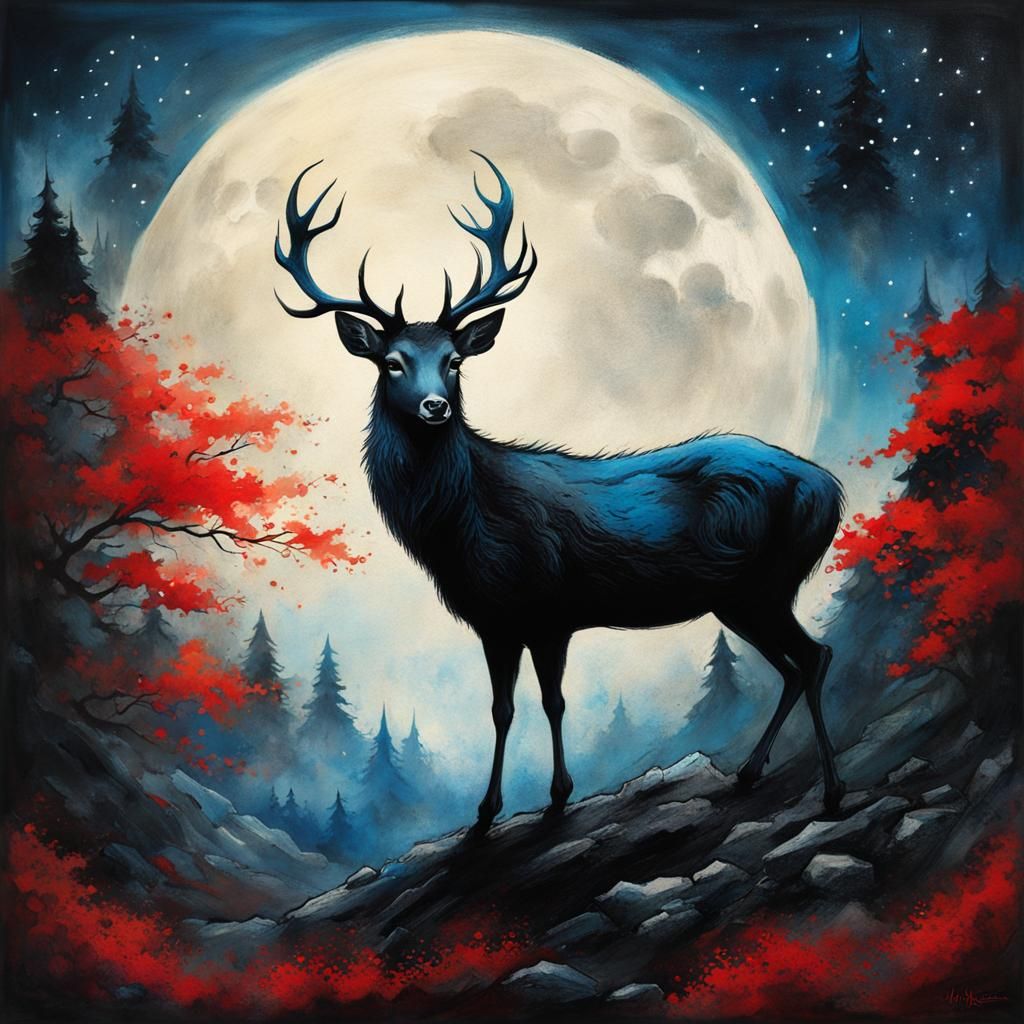 Haunting Deer in Ukiyo-e Ink Wash Style