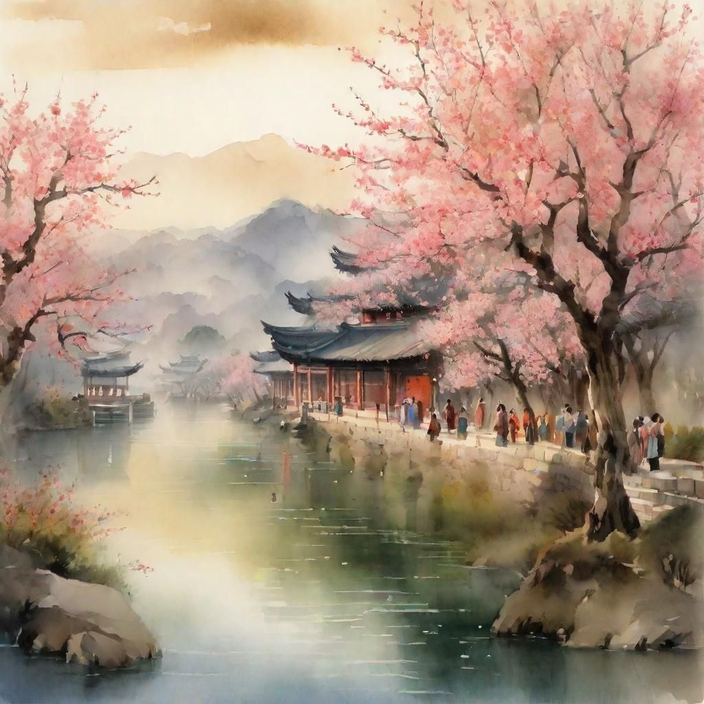Traditional Chinese Watercolor Painting of Qingming Festival...