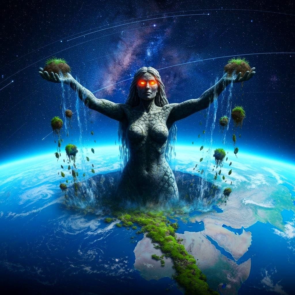 Gargantuan Stone Goddess Creates Earth, Astral Illustration