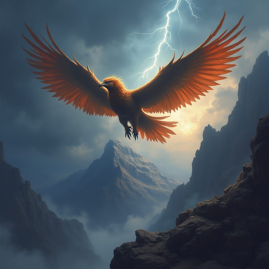 Griffin Soaring Through Stormy Sky in Dark Fantasy Art