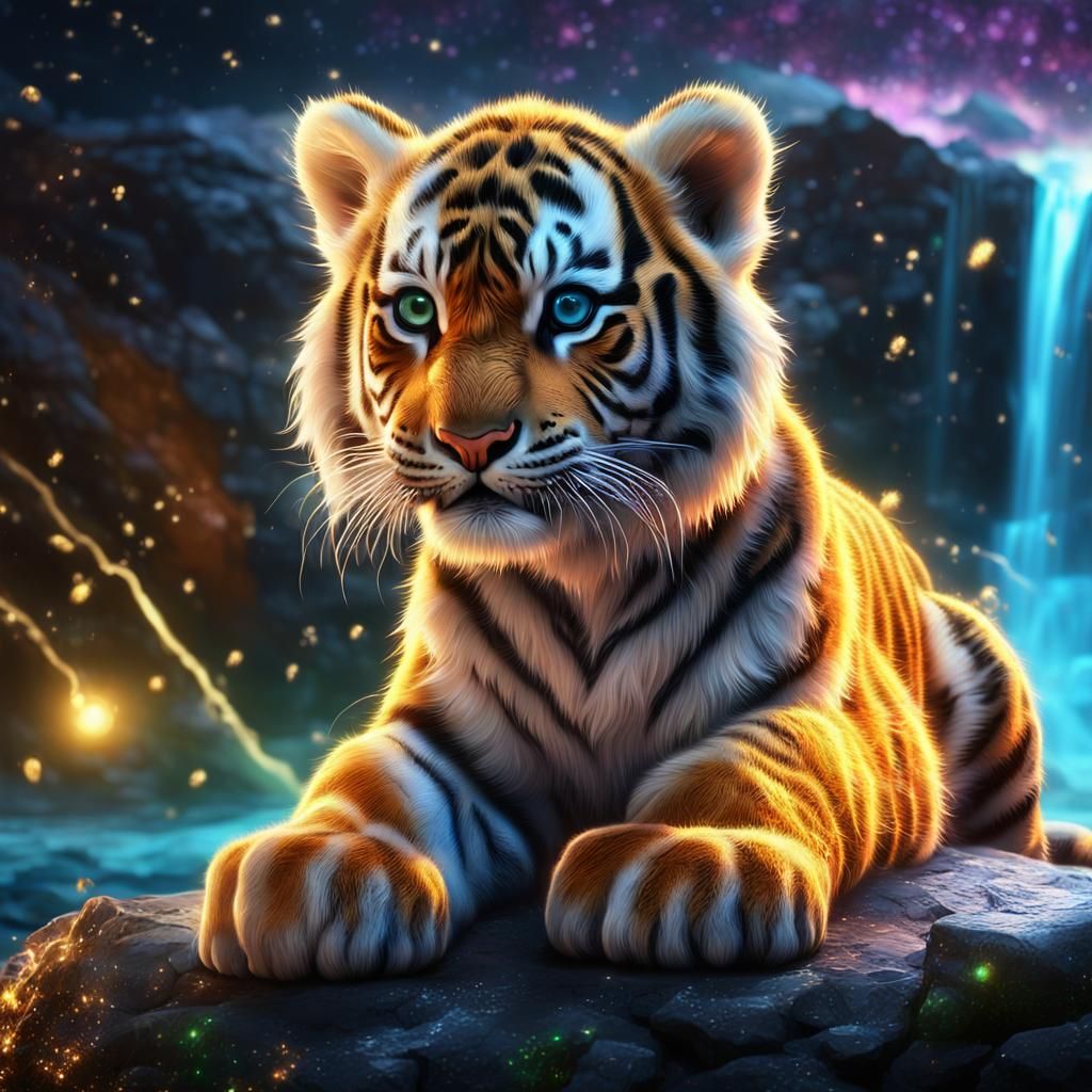 Surreal Magical Tiger Leans Forward in Electrifying Aura