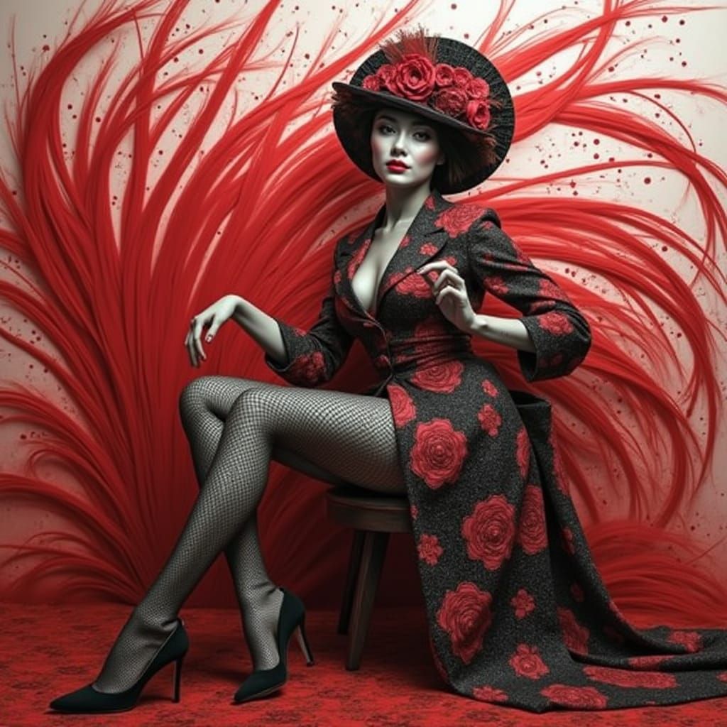 Black and White Portrait of Woman with Crimson Streak