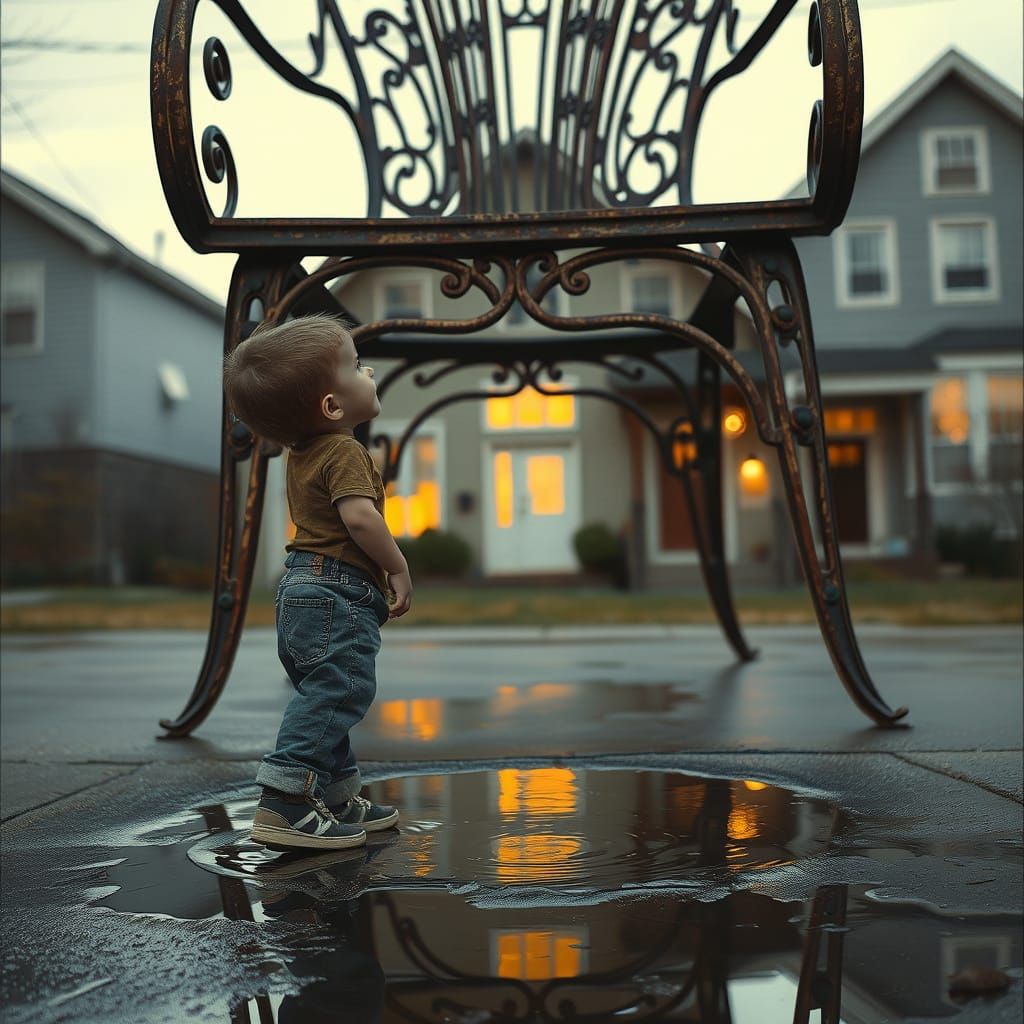 Small Child Admires Ancient, Intricately Wrought Metal Chair