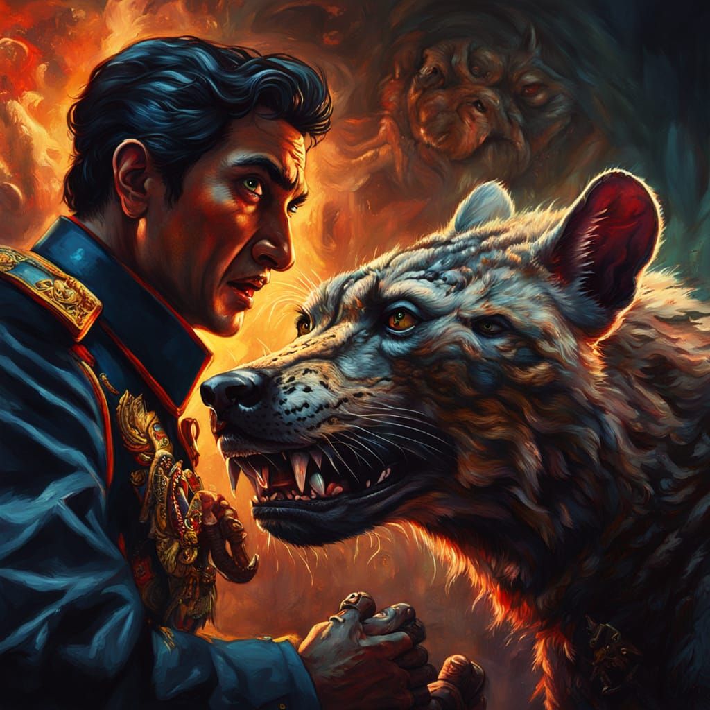 Persian Genie Crushing Hyena Officer in Dark Fantasy Art