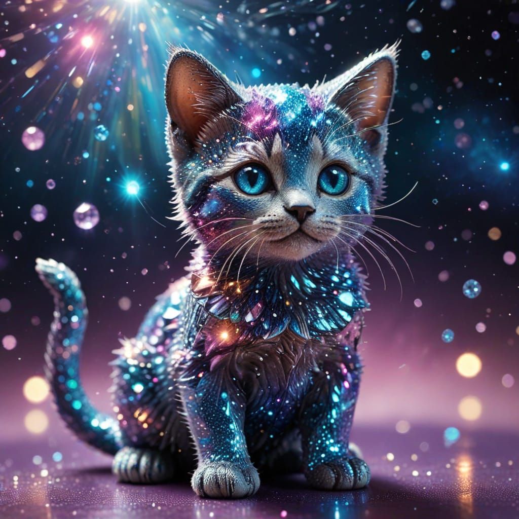Glittering Celestial Kitten in Rainbow Dreamscapes