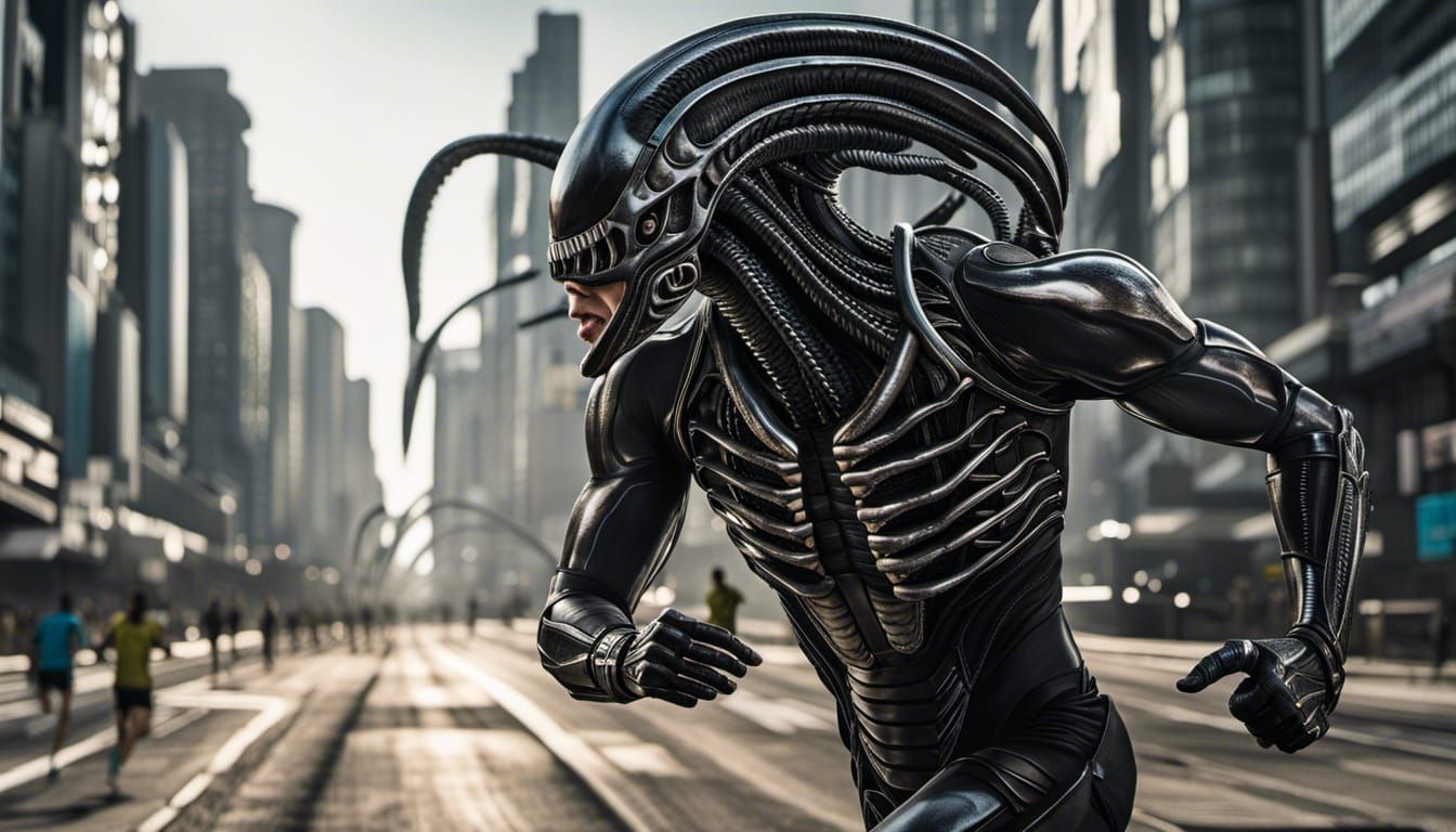 Marathon Runner with Xenomorphs in Biomechanical Style