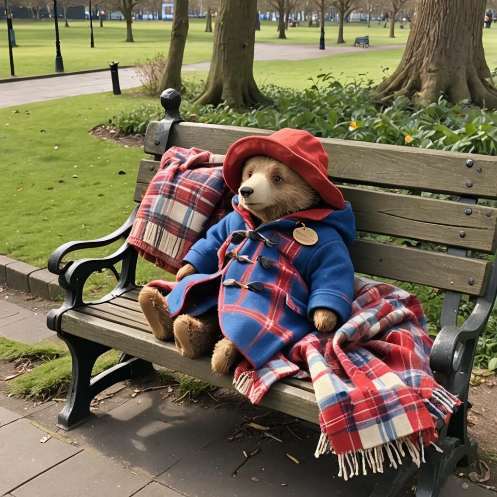 Paddington Bear Sleeping on Park Bench