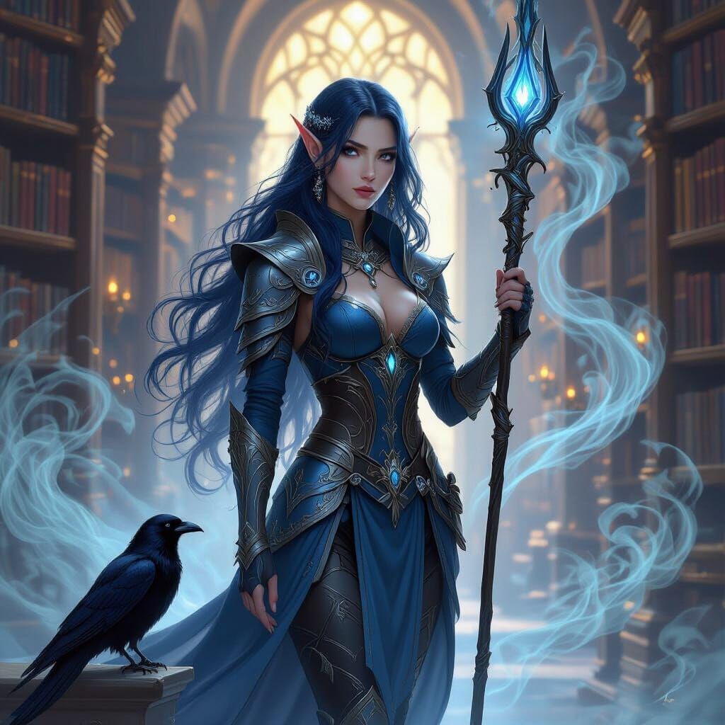 High Elf Warrior in Grand Library with Raven
