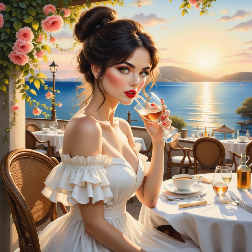 Stunning Woman in White Dress at Seaside Restaurant