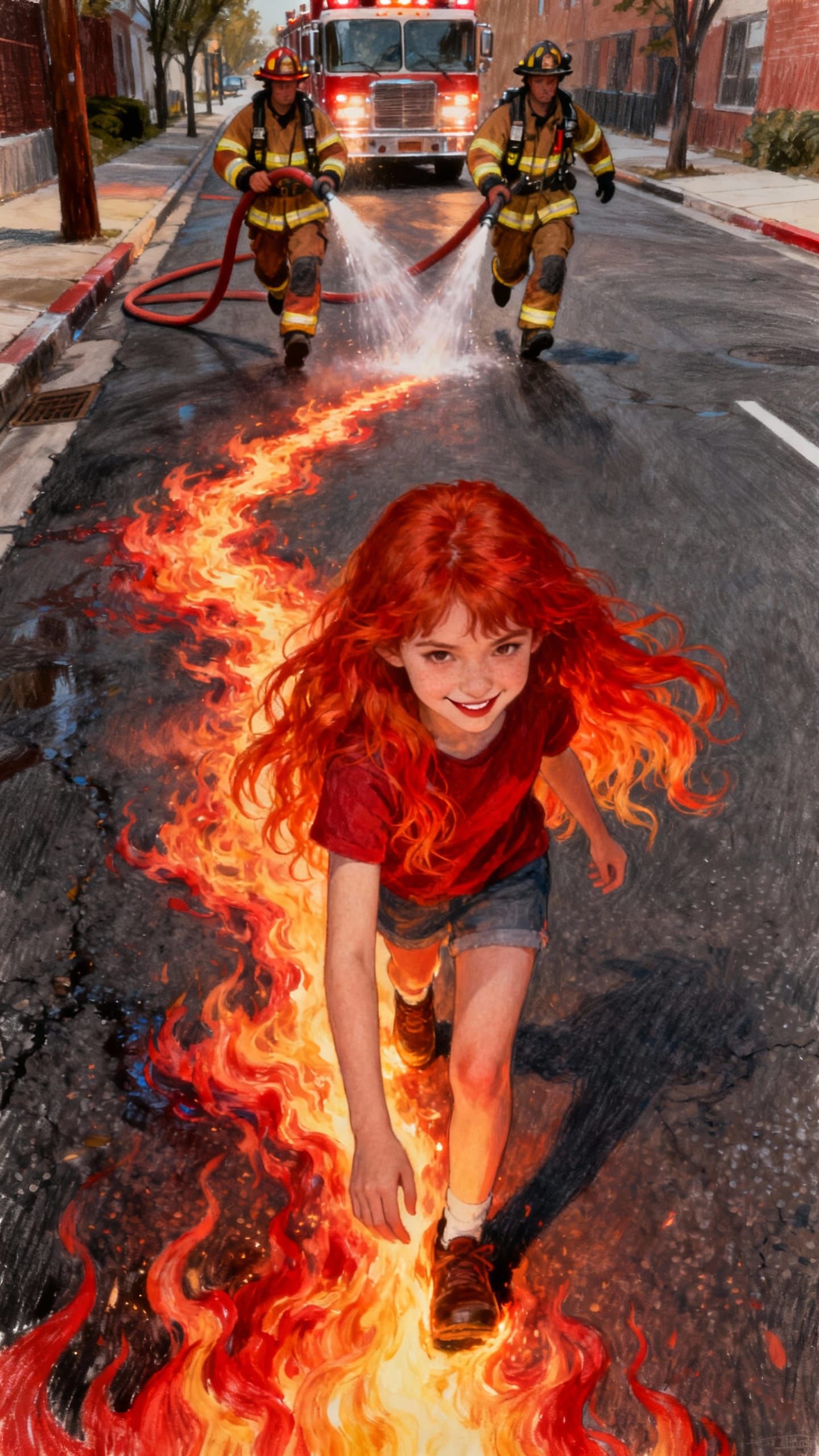 Fiery Redhead Girl Leaves Trail of Fire in Dynamic Acrylic a...